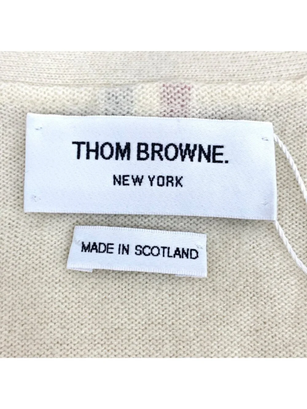 Thom Browne Beige Stripe Cotton V-Neck Cardigan - Picture 6 of 7